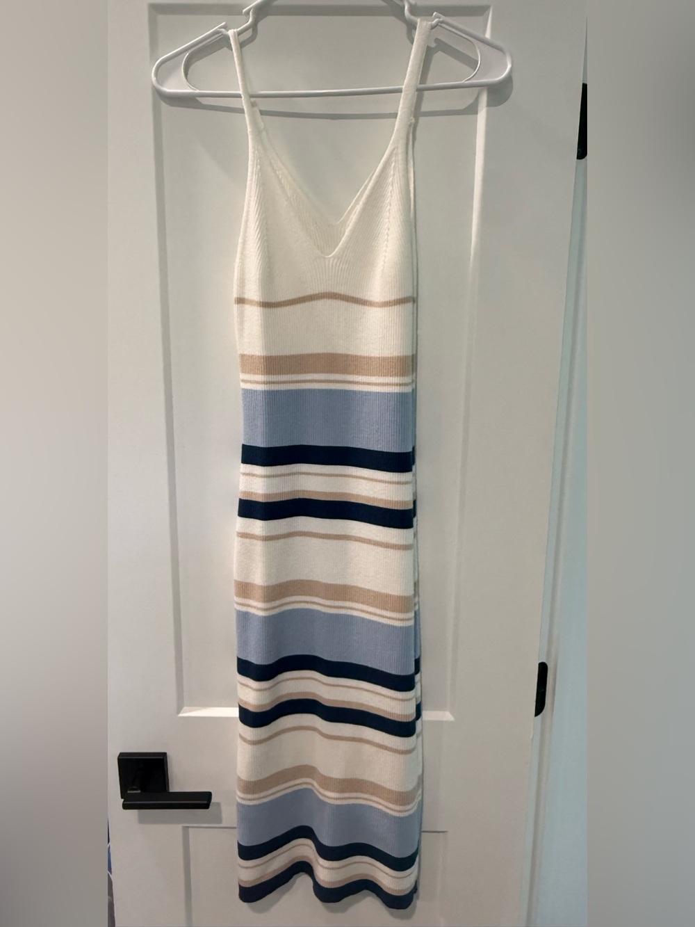Striped Knit V-Neck Maxi Dress in Cream, Blue & Tan